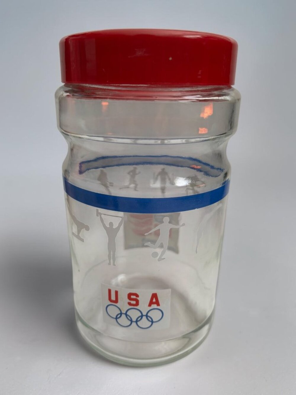 1988 Maxwell House USA Olympics Glass Jar W/ Red Lid Sponsor Graphics 7" Tall